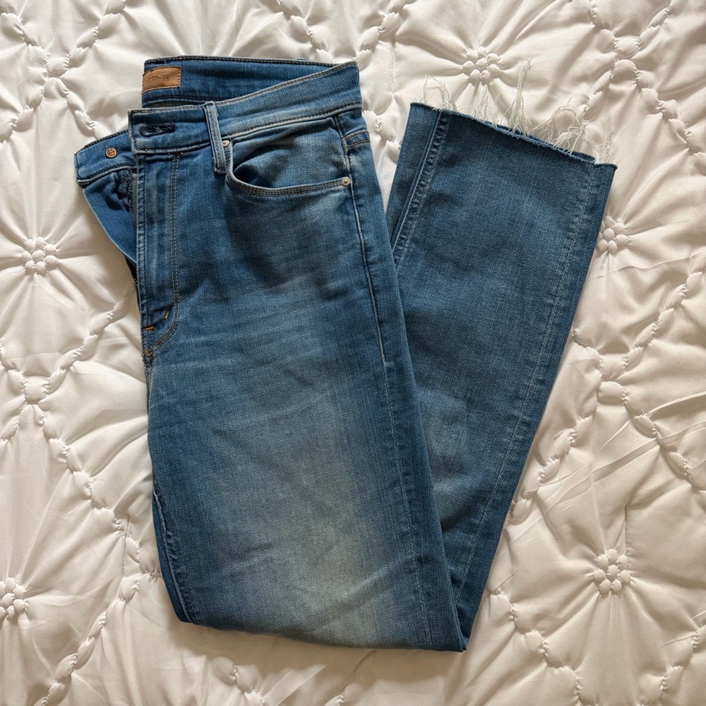 MOTHER Dazzle Ankle Fray Jeans Mid Rise Straight Crop Raw Hem Size 28